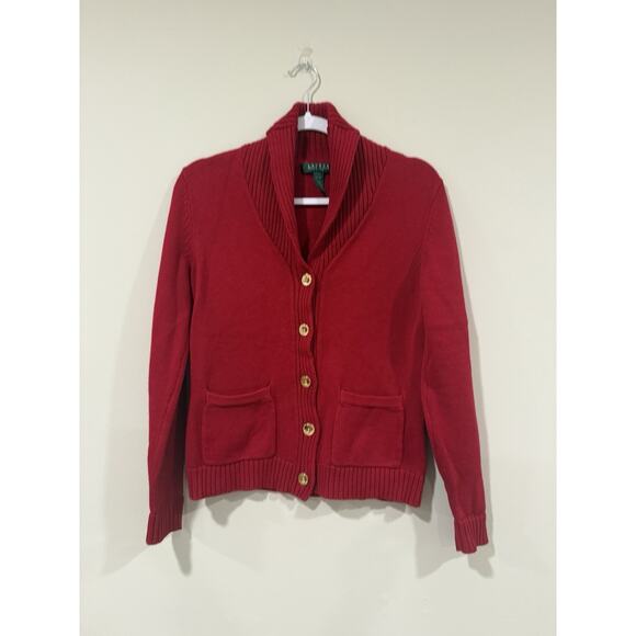 Lauren Ralph Lauren Women Red Cardigan Sweater Gold Buttons Medium 2313 - Picture 1 of 9